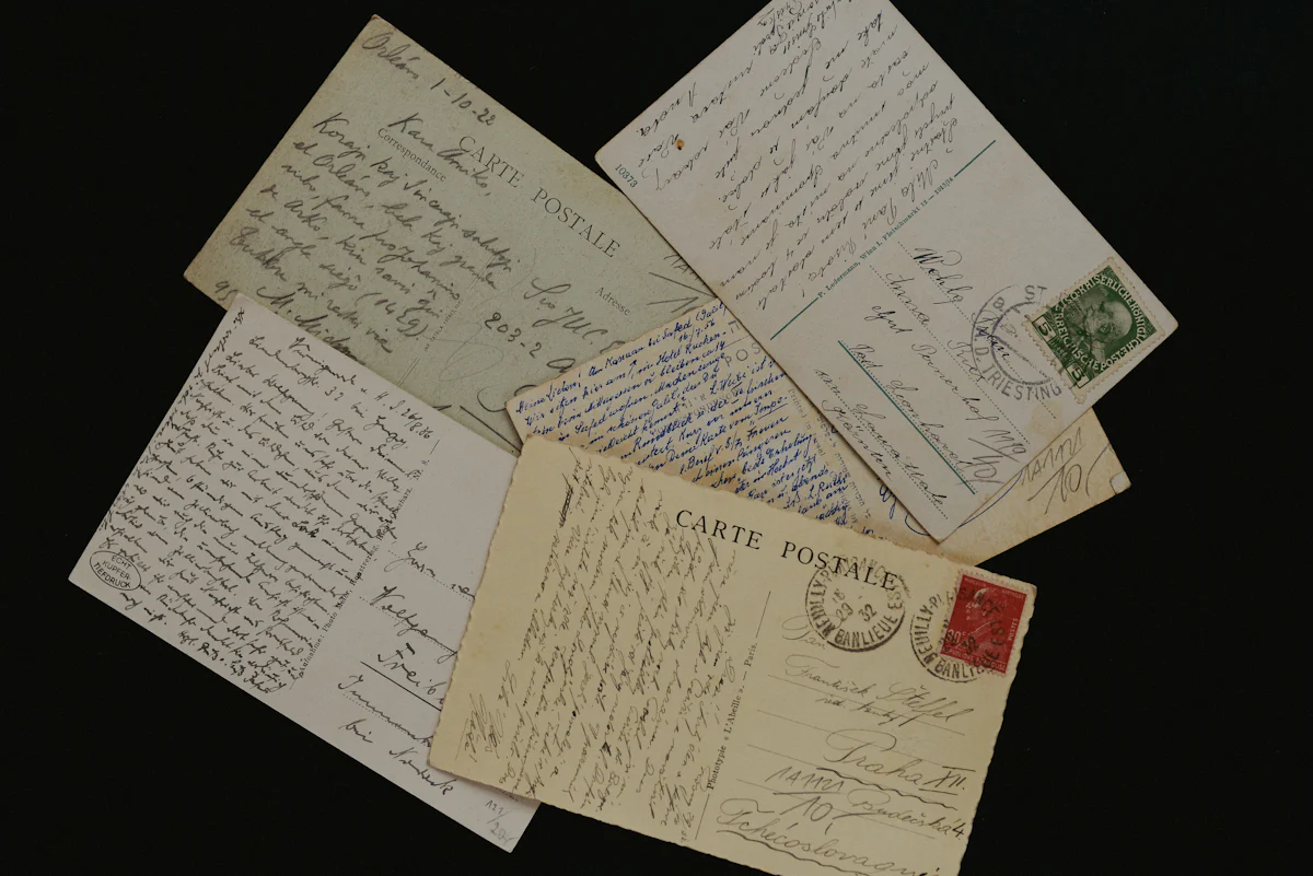 Old handwritten postcards with stamps and postmarks